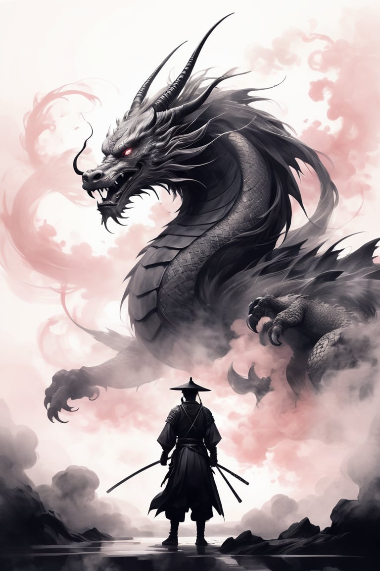 masterpiece drawing in a soft pink hue. A stunning and minimalist ink wash illustration of a Japanese samurai standing def...