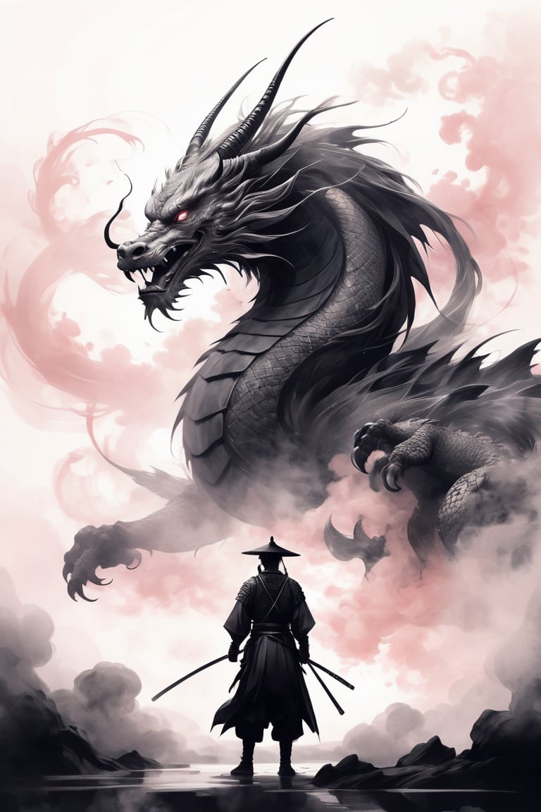 masterpiece drawing in a soft pink hue. A stunning and minimalist ink wash illustration of a Japanese samurai standing defiantly in front of a magnificent dragon. The samurai wears traditional armor, and his face is hidden behind a ritualistic mask. The dragon, with a fierce gaze, is portrayed with elegant strokes, using light white and dark gray tones. The background is simple and evokes a feeling of tranquility. The artwork is reminiscent of gongbi painting techniques, combining elements of witchcore and conceptual art, resulting in a breathtaking masterpiece.