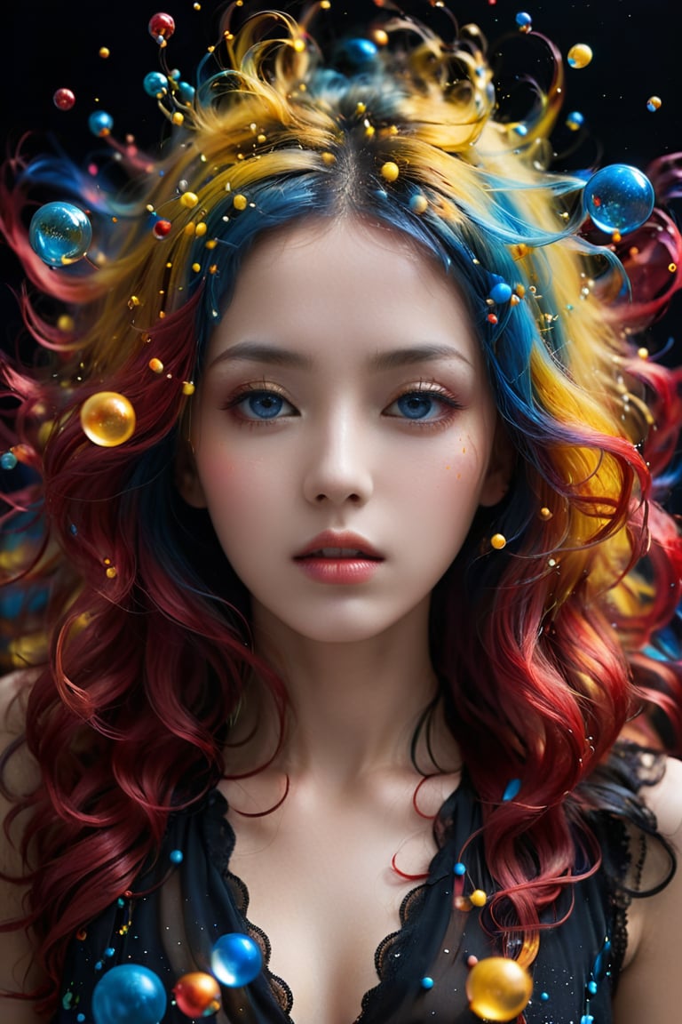 A young alluring woman. A captivating image of a woman's hair dissolving into thousands of tiny, translucent, and colorful spheres. Her once luscious locks transform into a mesmerizing display of yellow, blue, and red orbs. The background is a deep, dark black, providing a dramatic contrast to the vibrant and otherworldly transformation of the hair.