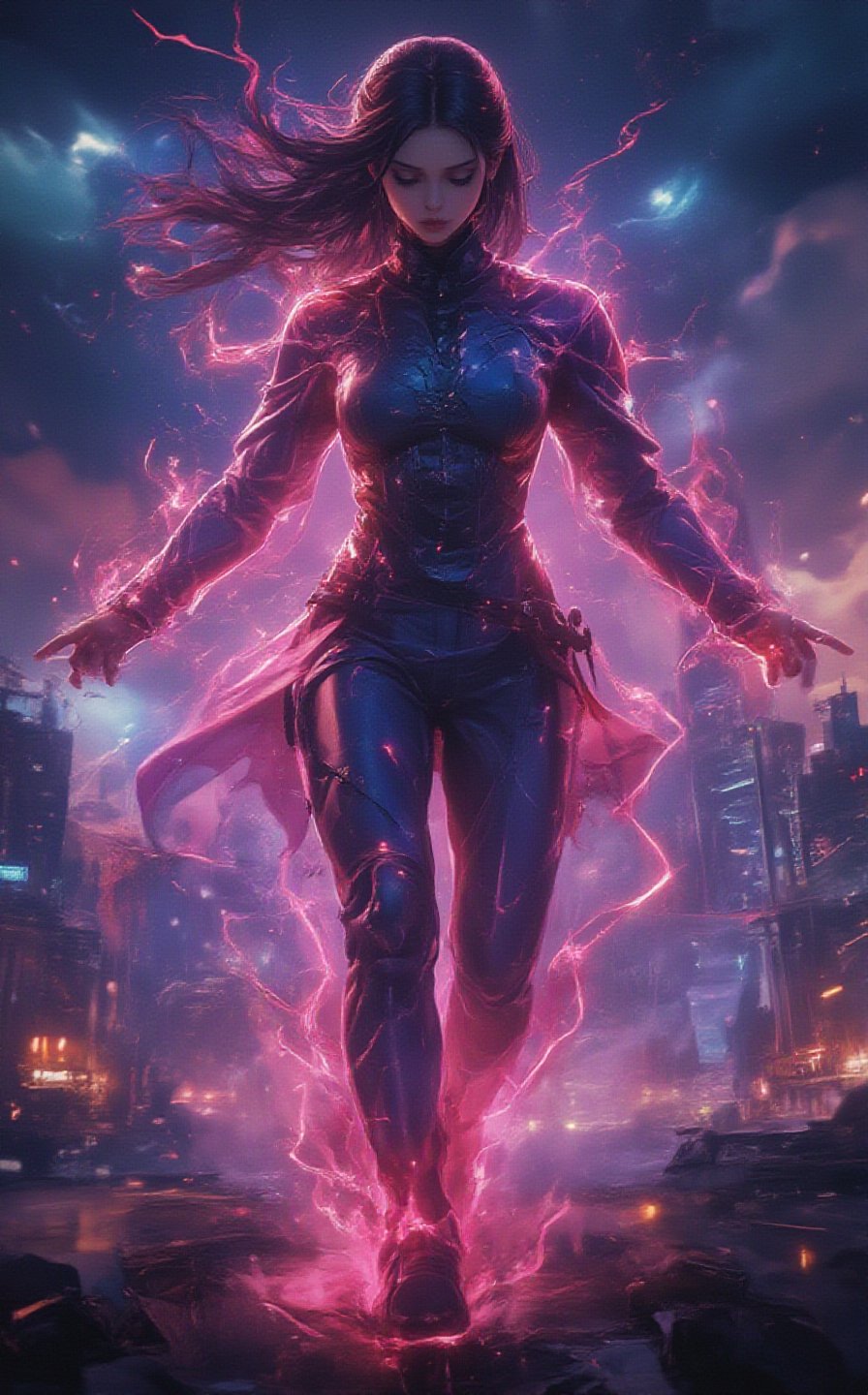 Epic anime live-action movie. Amazing lightingbolt woman, sharp focus on the very front of her face, everything poised, speeding neon lines, head forward, fast running towards the viewer, luminous, reflective, hyper detailed,, intricate details, background is a futuristic city with skyscrapers at night, ultra realistic, cinematic lighting, perfect image high flying aerial top down view, photorealistic, a sprawling cityscape emerges, adorned with towering skyscrapers, advanced technology and bustling activity create a sense of awe and wonder, super detail, ultra realistic, cinematic lighting,