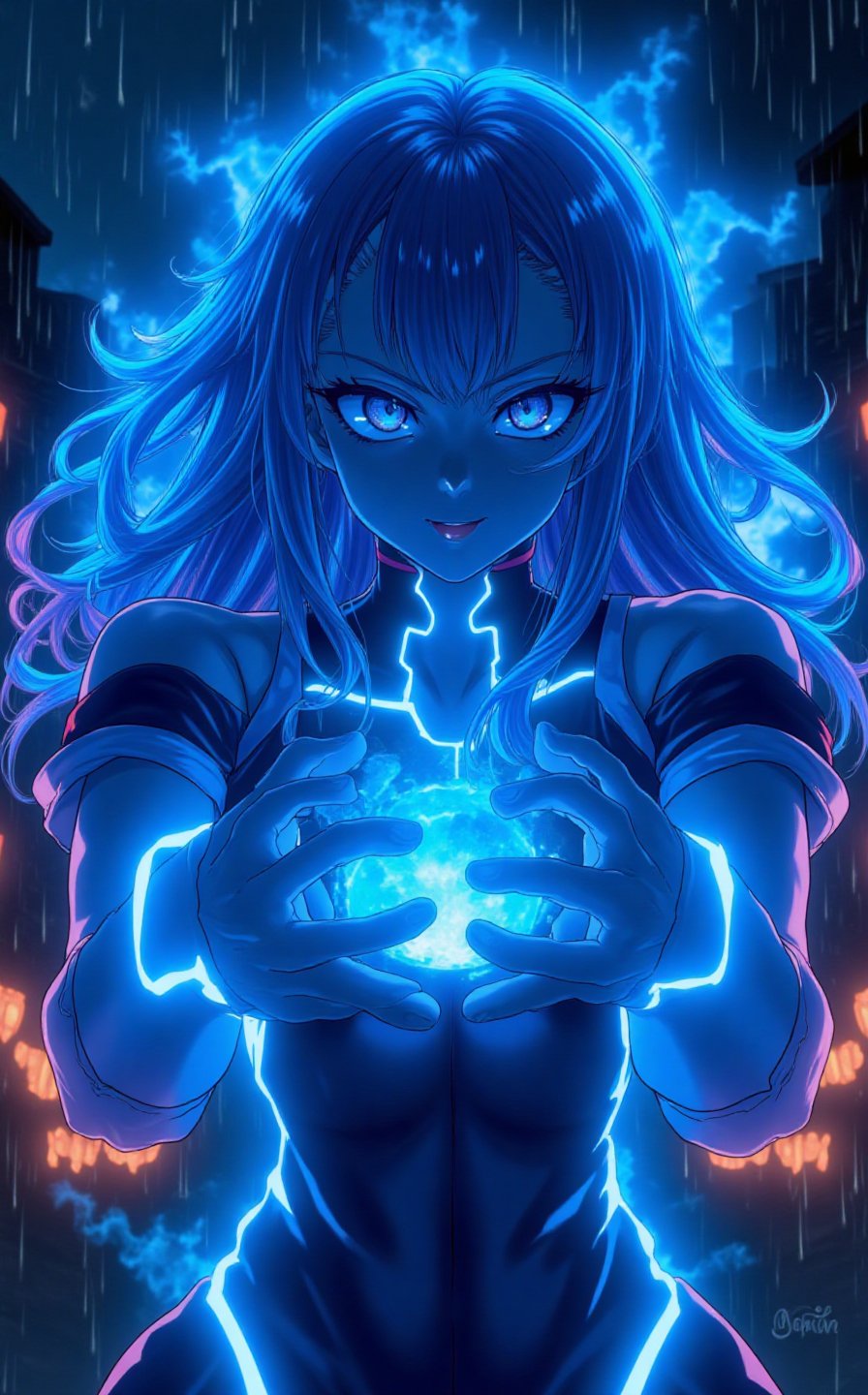 Kyoto animation anime style. A captivating attractive woman with exceptionally long hair. Neon cyan outline body, a gorgeous strong girl in super saiyan form. She is casting a powerful tricky effect. The battle cry echoes through the stormy night, with thunder and rain adding to the intensity of this 8k resolution image.