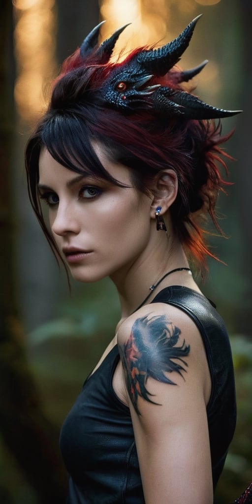 A striking photograph capturing the essence of 'The Girl with the Dragon Tattoo.' The protagonist, with a piercing gaze and unruly hair, wears a tattoo of a large, fiery dragon that seems to come alive on her arm. The tattoo glows vibrantly, casting a mesmerizing aura. The background is dark, with a hint of a mysterious forest, adding to the overall atmosphere of suspense and intrigue., photo, 