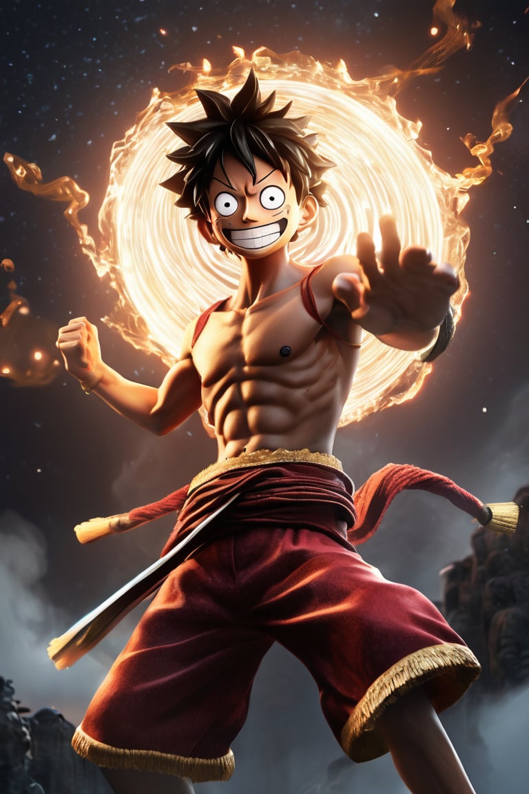 hyperrealistic, a masterpiece live-action movie poster. A breathtakingly realistic image of Monkey d. Luffy in his God Nika form, radiating an otherworldly aura. Showcase his chiseled physique, wild curly hair, and beaming smile. Utilize advanced techniques to capture subtle lighting, texture, and divine attire details. Exude an atmosphere of awe-inspiring wonder, as if Luffy is about to unleash divine energy. Bring this extraordinary visual to life with 3D rendering and meticulous attention to detail.