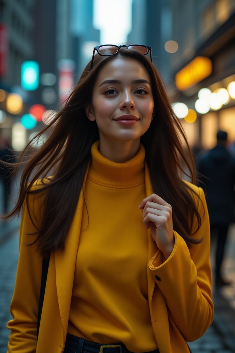 Ultra-realistic portrait photo, 21-year-old fashionista, gentle geometric pose, joyful expression, flowing hair, vibrant lights street, Matrix-inspired urban environment, stylish yellow sweater-coat, Acne Studios winter 2047 collection, random colors, navy and yellow tones, intricate details, dynamic shadows, futuristic cityscape, Canon EOS R5, 50mm f/1.2 lens