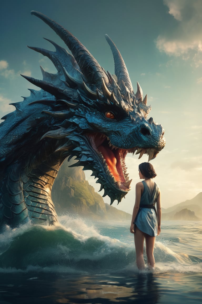 hyperrealistic,  a masterpiece,  a young woman is standing in the water next to a gigantic dragon head by AdonisKobi on Te...