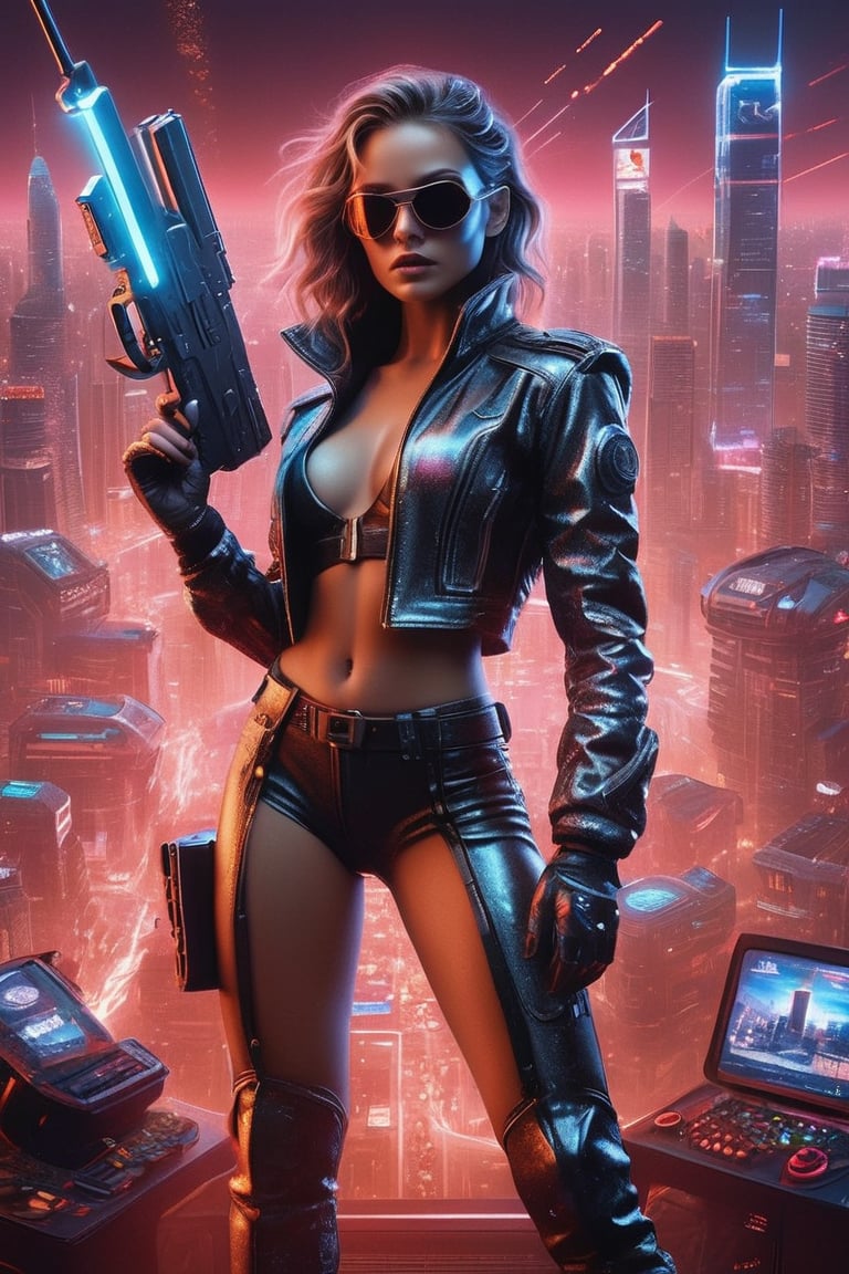 full body:1.2, ((masterpiece)), ((best quality)), (((photo Realistic))), A striking portrait of a young svelte woman standing against a glowing background adorned with futuristic gleaming gadgets. A stunning, ultra-high-definition movie poster for the action-packed film 'Is Gaming'. A fierce female protagonist is front and center, dressed in a tight, black leather outfit, complete with gloves and boots. Her hair is tied back, and she wears a face mask that covers her eyes. She holds a remote control in one hand and a large pistol in the other. The background features a futuristic, neon-lit cityscape with skyscrapers and a holographic advertisement of the game. The overall atmosphere is intense and electrifying., poster,glitter