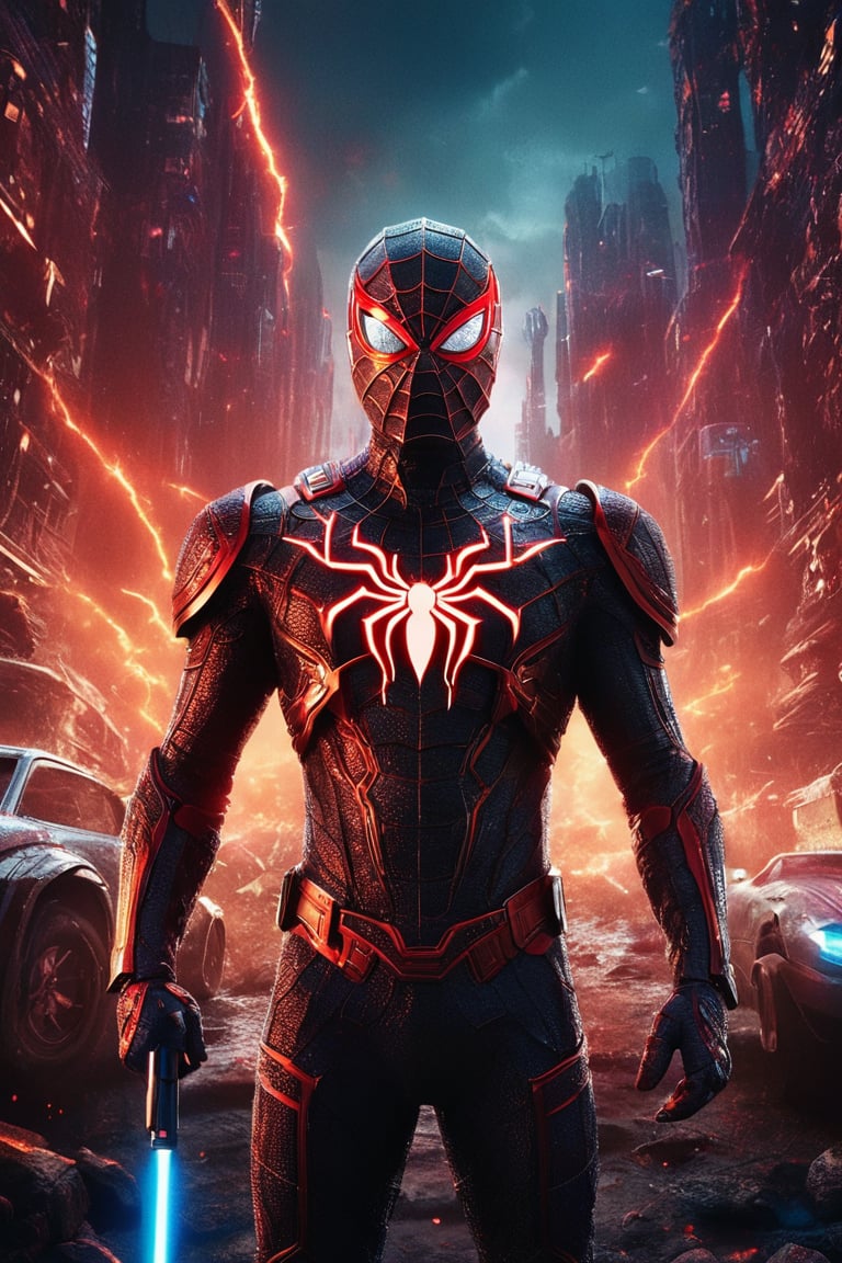 A captivating and powerful movie poster of a dark-armored hero, reminiscent of a futuristic ypung Spider-Man, standing against a dramatic, cloudy, and fiery sky. The gorgeous powerful hero, with glowing eyes and a chest emblem, wears a sleek, advanced neon armor adorned with sharp, angular designs that highlight the sci-fi aesthetic. Wielding a vibrant red lightsaber, the unique hero seamlessly blends science fiction and fantasy in this intense and action-packed scene. The background showcases a dystopian world with war machinery, including a car and plane, engulfed in flames. Hans Darias AI has masterfully crafted this visually striking masterpiece, encapsulating the essence of heroism and power in a chaotic, post-apocalyptic landscape.,Movie Still,LegendDarkFantasy,ruanyi0141,Expressiveh,neon,concept art,cinematic style,FilmGirl