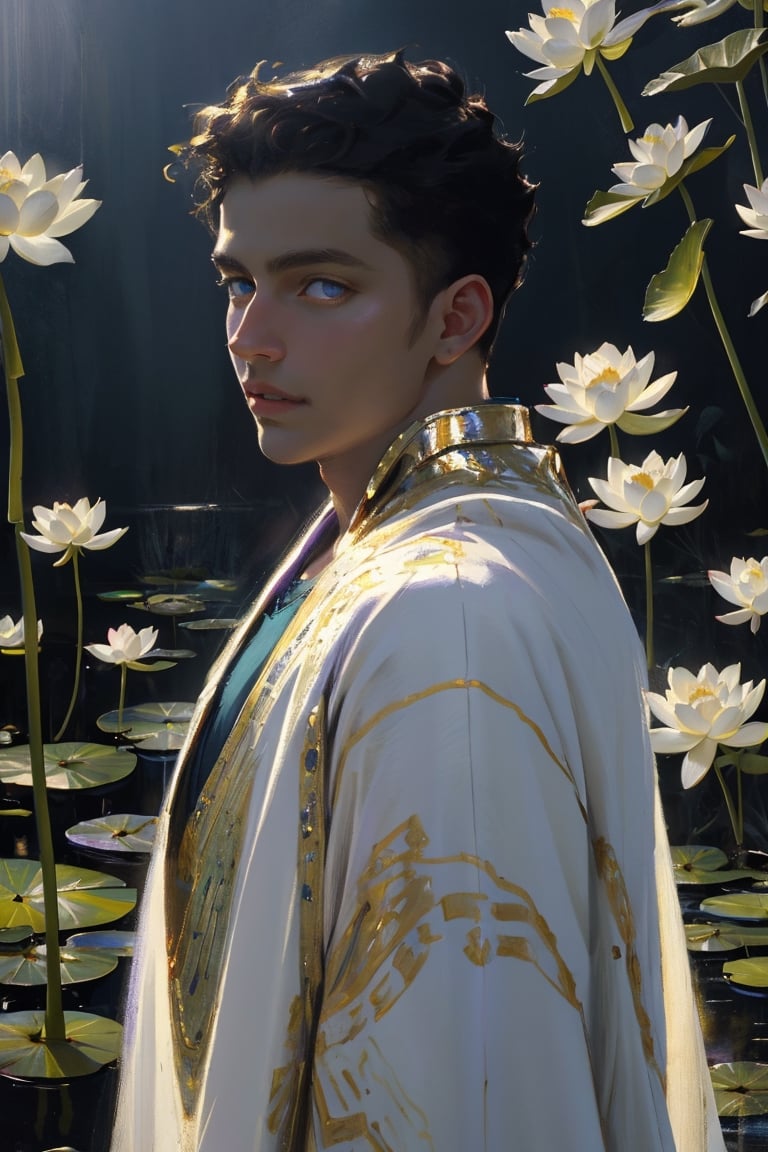 Egypt, egyptian, Solo boy, 18 years old, young boy, 1boy, brown skin, wearing blue combiantion white cloak clothes, golden powder flying in the air, long purple gown, looking at the viewer, wide open eyes, portrait, bluish eyes, solo, in the royal garden with multiple white tall lotus flowers bloomming, spiritual, foggy, mystical, shimmering,masterpiece, character focus, depth focus, best quality, high_resolution, glitters, shiny particles