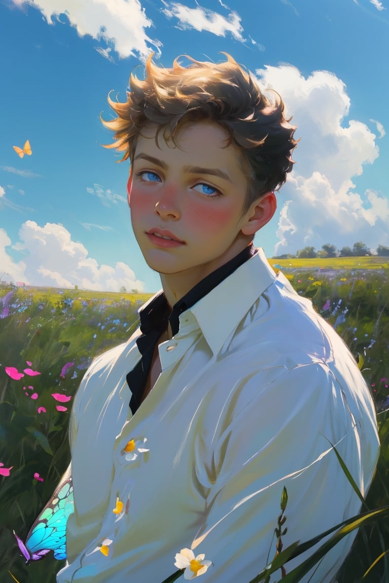 solo young boy, short hair, 1boy, cute boy, teenager boy, French boy, looking around, blue_eyes, white collared shirt, portrait, male focus, upper_body, sky, cloud, wild flowers field blooming, blushing, ((dreamy, dreamer)), shimmering, depth focus information, multiple butterflies flying