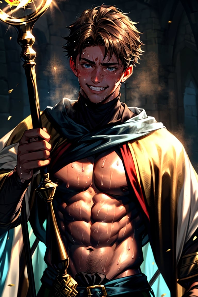 medieval clothes style, solo boy, (((age: 18 years old))), brown skin, boy, showing abs, handsome and cute boy, wizard, magician,  (((sweating))), grinning, wide-shot, depth focus solution, Magical Staff, medieval era