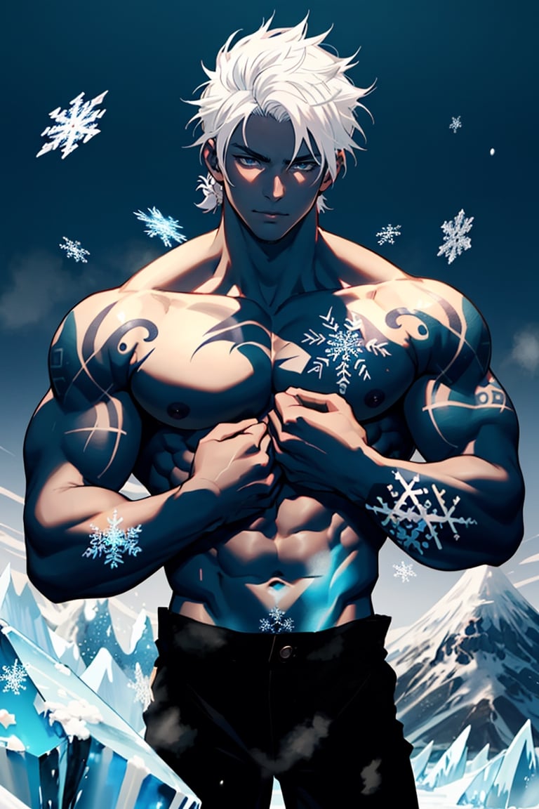 young boy, handsome and cute, no wearing a shirt, uncensored body, hair styled, showing seduced muscle and abs body, tall, Japanese boy with black skin tone, 2D information, manga art style, white hair, both hands turning to blue ice, hands turned to ice, cold atmosphere, glacier arms, snowflake tattoos