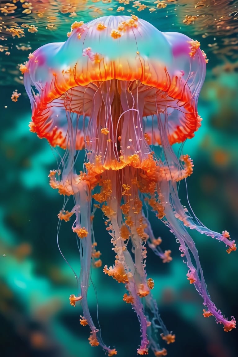 Portrait of a ghostly jellyfish, shiny aura, highly detailed, gold filigree, intricate motifs, organic tracery, by Android jones, Januz Miralles, Hikari Shimoda, glowing stardust by W. Zelmer, perfect composition, smooth, sharp focus, sparkling particles, lively coral reef background Realistic, realism, hd, 35mm photograph, 8k), masterpiece, award winning photography, natural light, perfect composition, high detail, hyper realistic,<lora:659095807385103906:1.0>,<lora:659095807385103906:1.0>,<lora:659095807385103906:1.0>