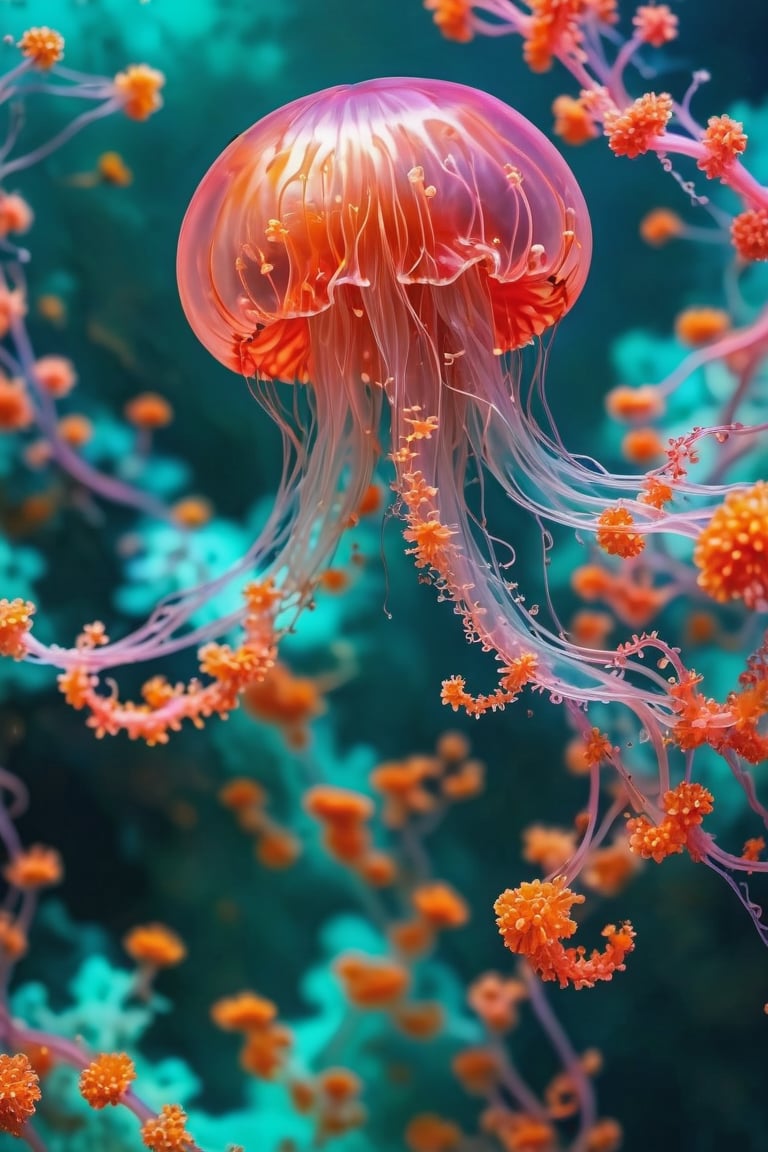 Portrait of a ghostly jellyfish, shiny aura, highly detailed, gold filigree, intricate motifs, organic tracery, by Android jones, Januz Miralles, Hikari Shimoda, glowing stardust by W. Zelmer, perfect composition, smooth, sharp focus, sparkling particles, lively coral reef background Realistic, realism, hd, 35mm photograph, 8k), masterpiece, award winning photography, natural light, perfect composition, high detail, hyper realistic,<lora:659095807385103906:1.0>,<lora:659095807385103906:1.0>,<lora:659095807385103906:1.0>