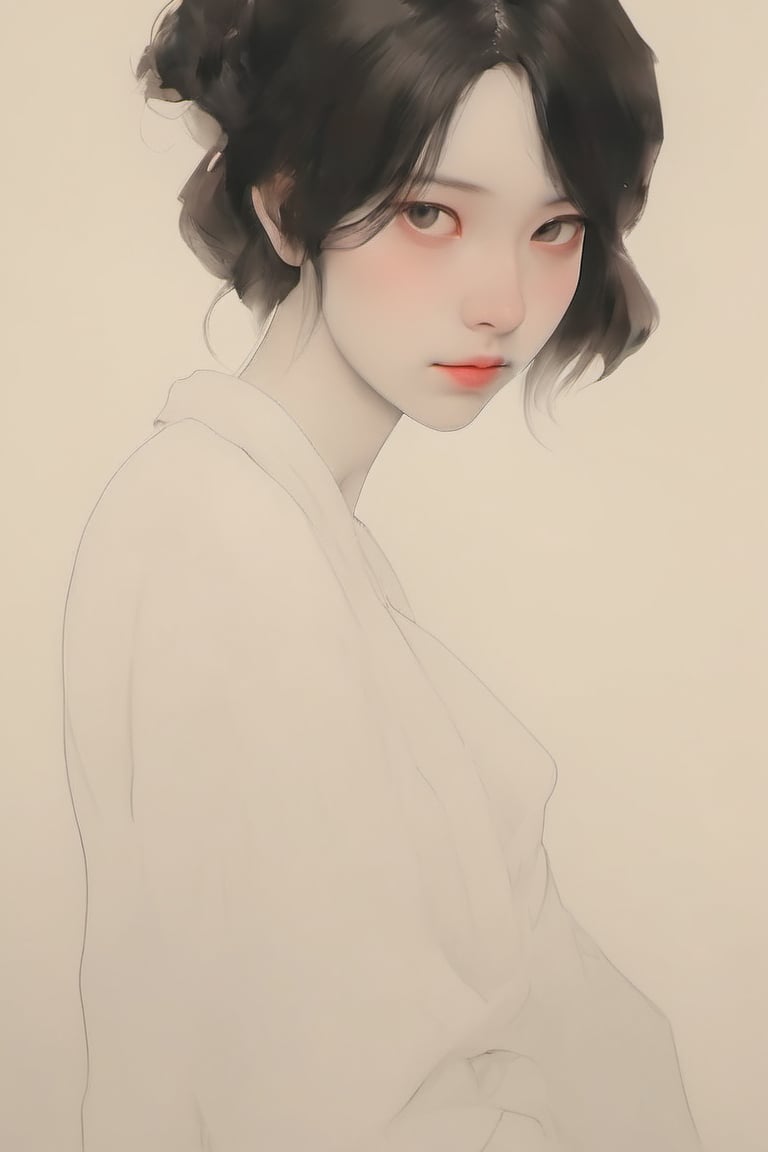 (Best quality, High quality, masterpiece, Artistic, Artistic painting, Painting Naturally, Modernism art, Watercolor, watercolor pencil painting, ligne_claire, Illustration), bare shoulder, 1 girl, deep v neck dress, (Painted by 3 person that is Egon Schiele and Pablo Picasso and John Barkey), stylized art,Asian Girl,Model,Close-up Pussy