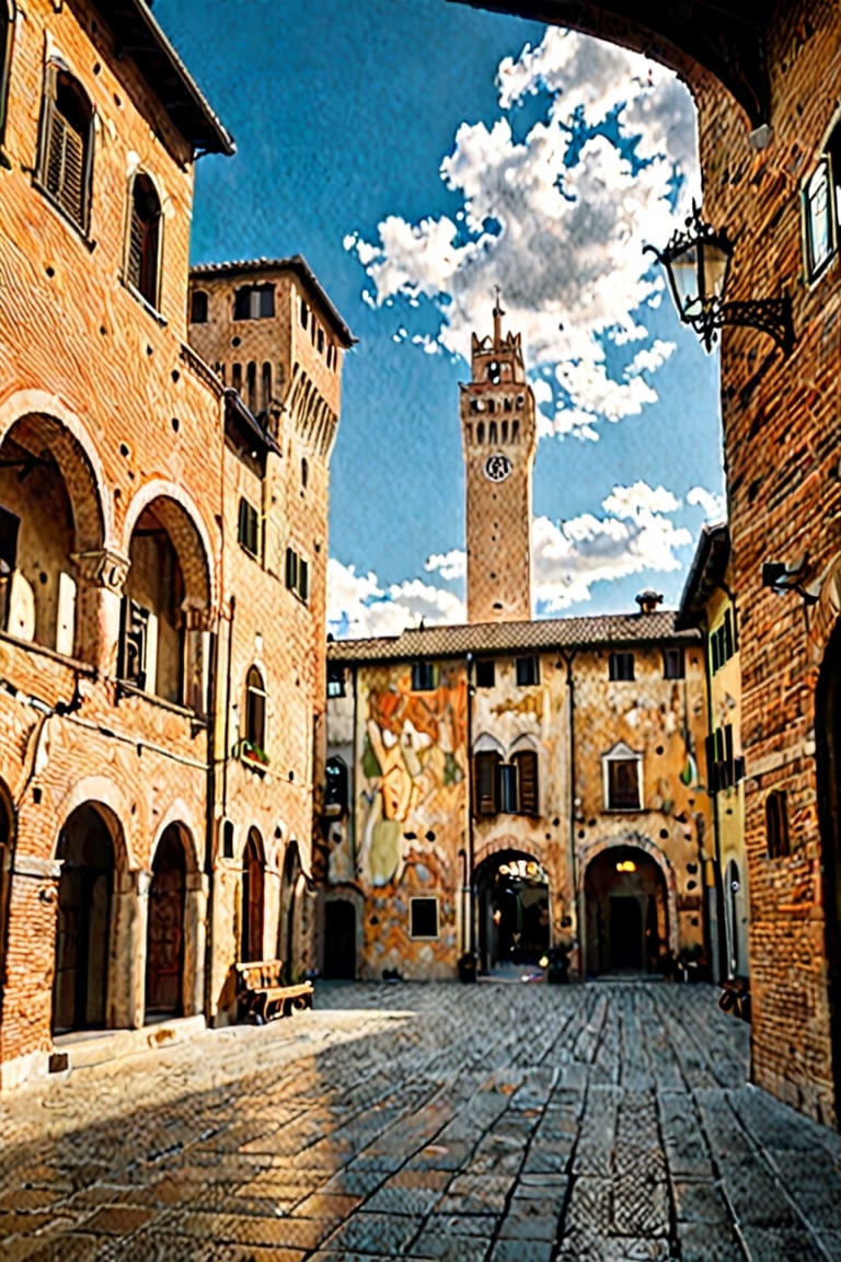 (Documentary photograph:1.3) of a wonderful (medieval plaza in Italy:1.4), 14th century, (golden ratio:1.3), (medieval architecture:1.3),(mullioned windows:1.3),(brick wall:1.1), (tower with merlons:1.2), overlooking the plaza, beautiful blue sky with imposing cumulonembus clouds, BREAK shot on Canon EOS 5D, from below, Fujicolor Pro film, in the style of Miko Lagerstedt/Liam Wong/Nan Goldin/Lee Friedlander, (photorealistic:1.3), (soft diffused lighting:1.2), vignette, highest quality, original shot. BREAK Front view, well-lit, (perfect focus:1.2), award winning, detailed and intricate, masterpiece, itacstl,real_booster,itacstl