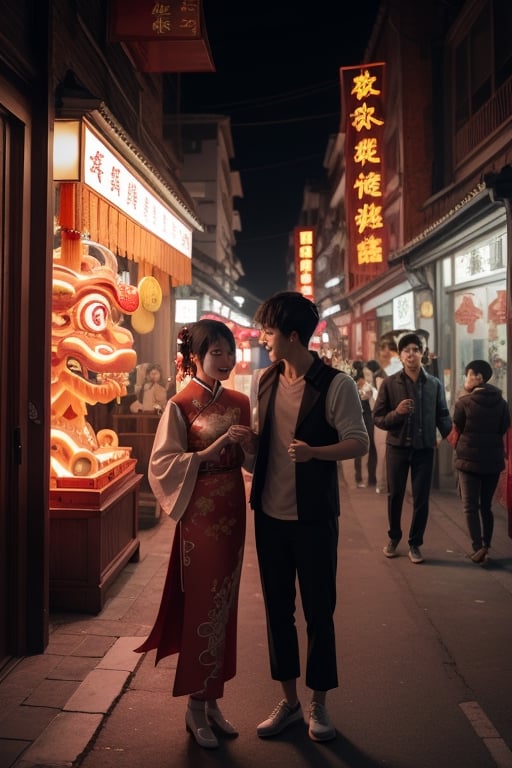 a Girl and a boy with Lion Dance in the chinese traditional street,lamp,night