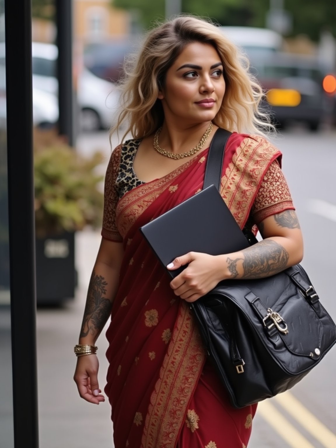 A beautiful, curvy thick figure  Milky white British woman, adorned with tattoos on their hands.  golden loose hair, wore traditional Indian saree,  waiting for bus at bus stop, laptop bags on left side shoulder. 