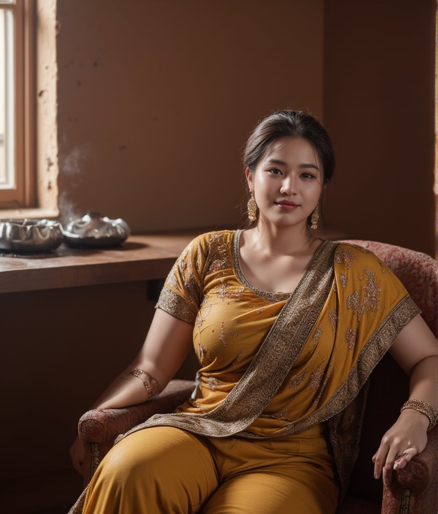 A beautiful, curvy hot slightly fat muscular build  Milky white Mother, adorned with tattoos on their hands.  Short golden bun hair, wore Indian Designer Saree and matching shoes, sitting on armchair, cooking bat African clay walled kitchen. 