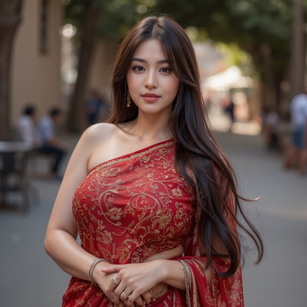 A beautiful, curvy hot  British slightly fat  muscular build  Milky white mother, adorned with tattoos on their hands, wore traditional Indian Designer Saree, at street food restaurants, 