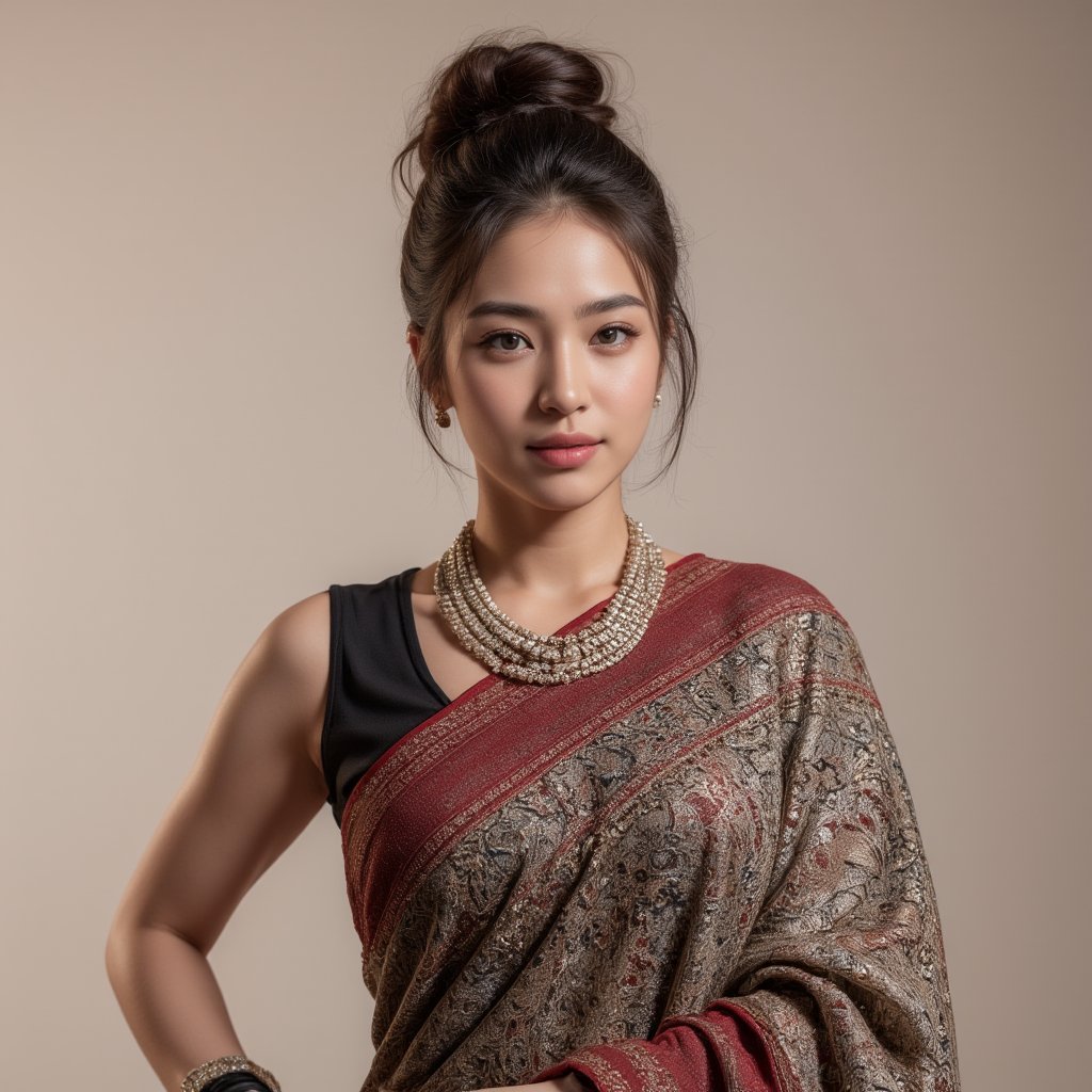 A beautiful, curvy hot  British slightly fat  muscular build  Milky white mother, adorned with tattoos on their hands, Short bun hairstyles, wore traditional Indian Designer Saree, as professor at Oxford university, 