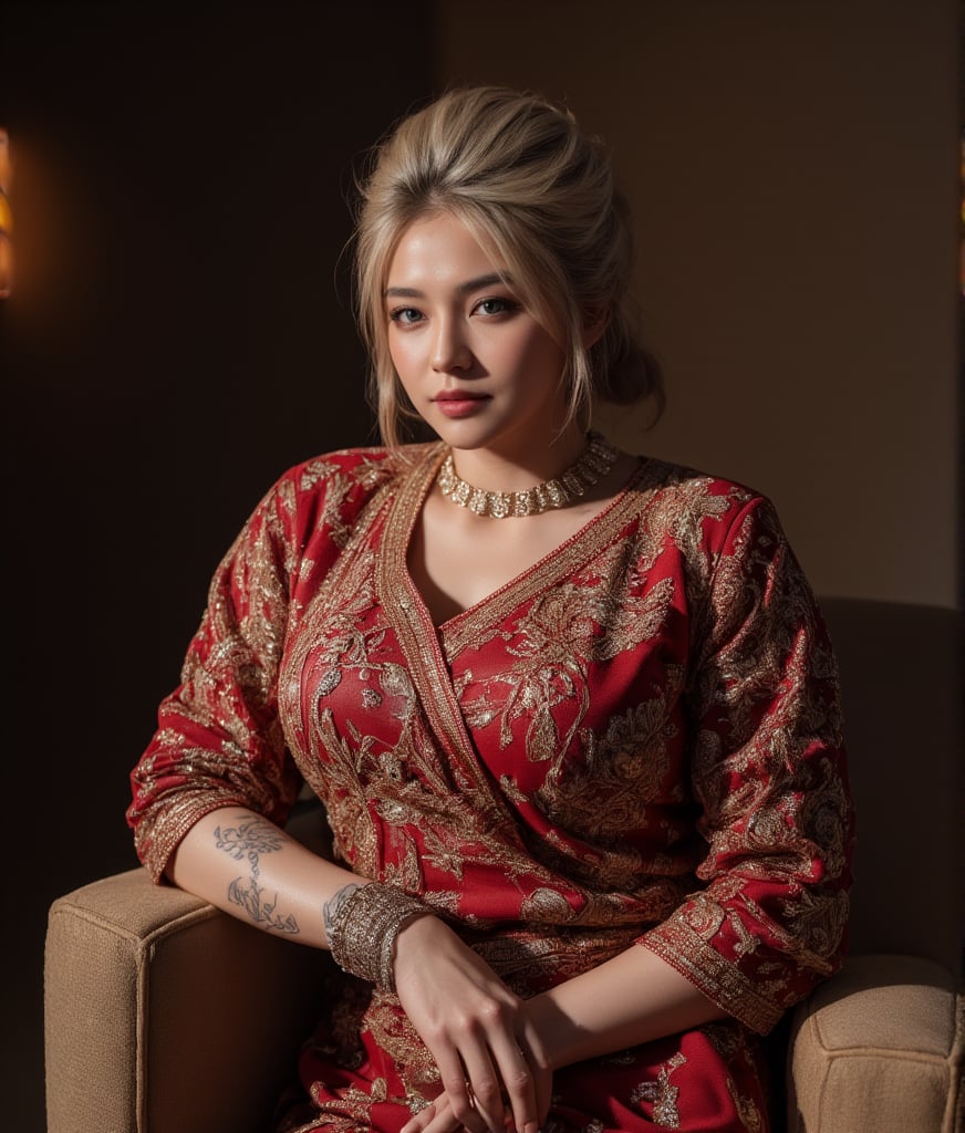 A beautiful, curvy hot American fat bodybuilder  Milky white Mother, adorned with tattoos on their hands.  Short golden bun hair, wore Indian Designer Saree and matching shoes, sitting on armchair, at living room, as underworld mafia Don. 