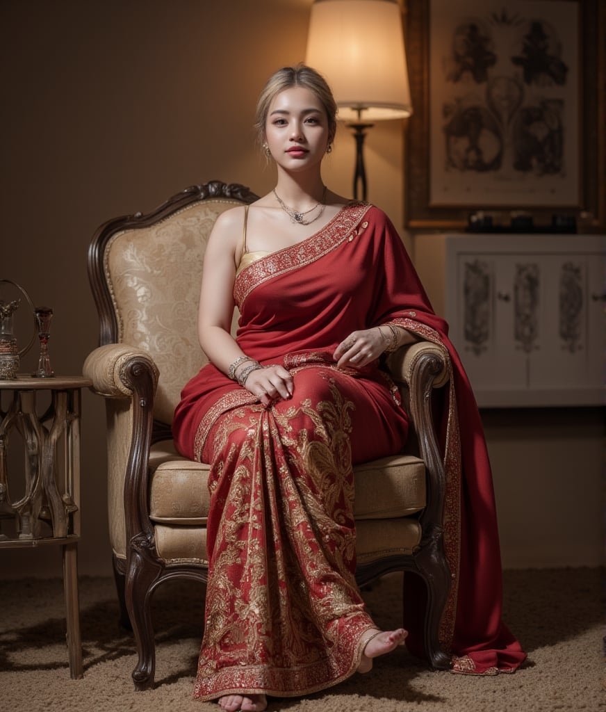 A beautiful, curvy hot American fat bodybuilder  Milky white Mother, adorned with tattoos on their hands.  Short golden bun hair, wore Indian Designer Saree and matching shoes, sitting on armchair, at living room, as underworld mafia Don. 