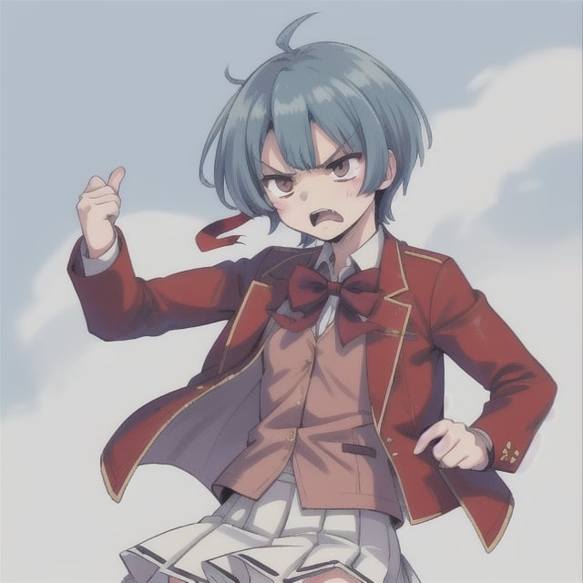 1girl ibuki mio, angry, short hair blue hair, white skirt red jacket open jacket