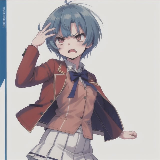 1girl ibuki mio, angry, short hair blue hair, white skirt red jacket open jacket