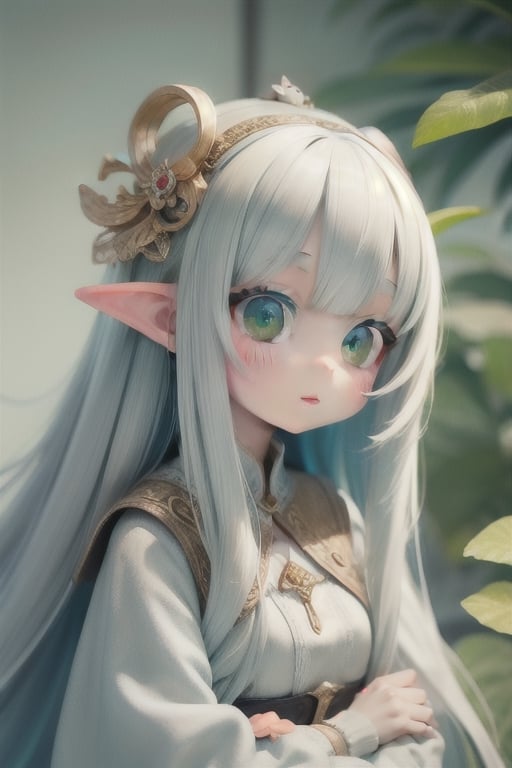 cute, masterpiece, illustrated, elf, green-eyes, long white hair