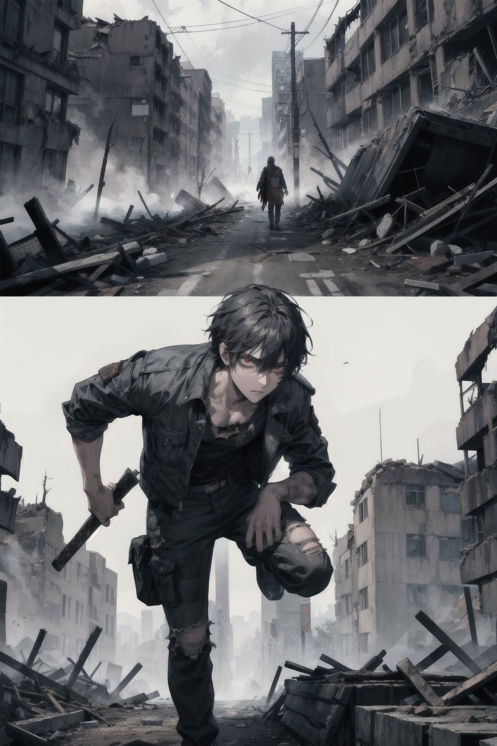 Masterpiece, beautiful, Incredibly detailed, 1guy, Detailed Eyes, anime eyes, Better Hands, perfect fingers, (On the desolate streets of a post-apocalyptic city, a handsome young man with short black hair and piercing orange eyes makes his way through the rubble. He wears torn and stained clothes, typical of survival in a world overrun by zombies. With a machete firmly held in his right hand, he moves with agility and determination, his eyes constantly scanning the horizon for threats.  Despite the chaos that surrounds him, his expression is one of unwavering resolve, ready to face the dangers that lurk in every shadow to find a safe haven or perhaps, other survivors.), science fiction, Apocalyptic scenario, Zombie Apocalypse, Highly Detailed Background, Full Hd, 4K