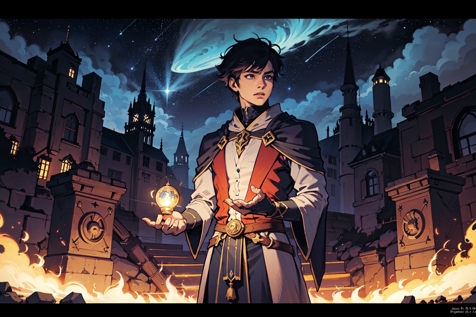 Masterpiece, Incredibly detailed, beautiful, 1guy, anime eyes, Detailed Eyes, Perfect hands, Magic and fantasy, concept art, Professional work, comic art, (In a world where the stars are portals to other realms, a young sorcery apprentice discovers a forgotten constellation that holds ancient secrets. Guided by the light of these stars, he sets out on a journey to unravel the mysteries and save his world from darkness.), Highly detailed background, Full Hd, 4K