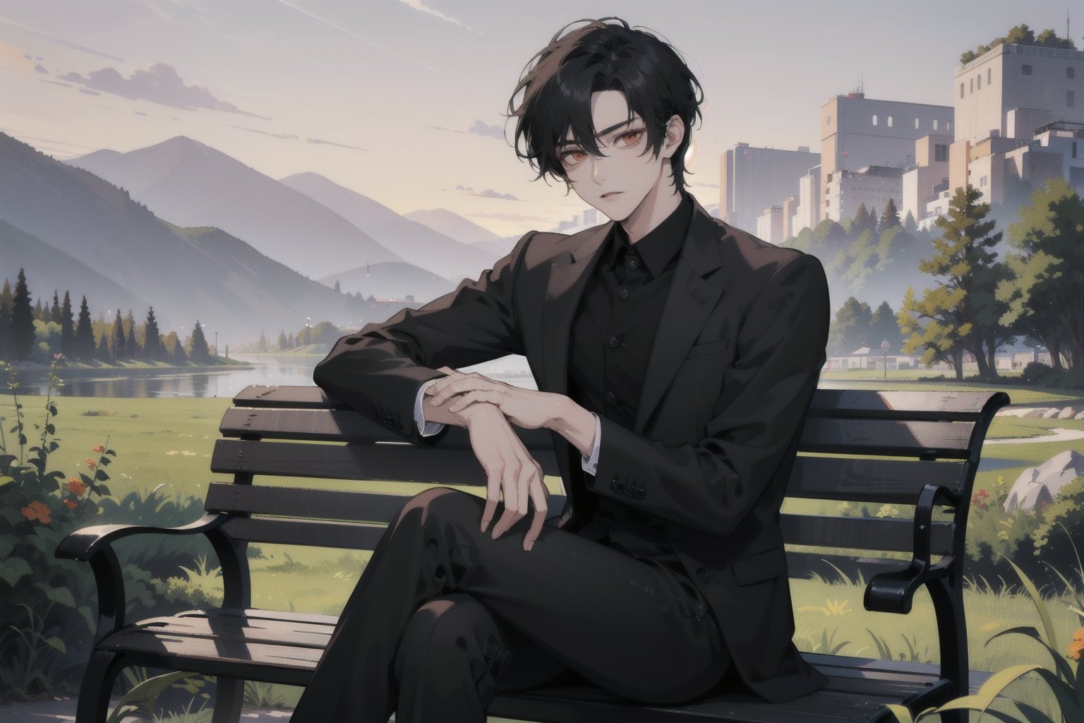 Masterpiece, Incredibly detailed, beautiful, 1guy, perfect hands, perfect fingers, detailed Eyes, anime Eyes, (A handsome young man with short black hair and orange eyes wearing a casual black suit, sitting on a bench in a valley at dusk), Highly detailed background, Full Hd, 4K