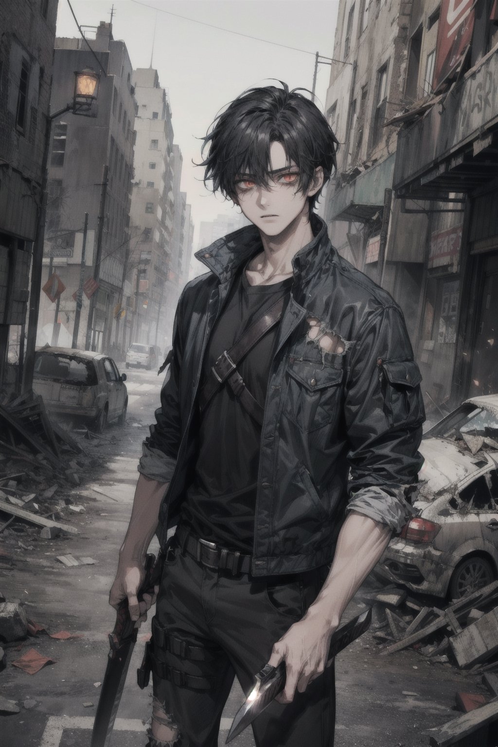 Masterpiece, beautiful, Incredibly detailed, 1guy, Detailed Eyes, anime eyes, Better Hands, perfect fingers, (On the desolate streets of a post-apocalyptic city, a handsome young man with short black hair and piercing orange eyes makes his way through the rubble. He wears torn and stained clothes, typical of survival in a world overrun by zombies. With a machete firmly held in his right hand, he moves with agility and determination, his eyes constantly scanning the horizon for threats.  Despite the chaos that surrounds him, his expression is one of unwavering resolve, ready to face the dangers that lurk in every shadow to find a safe haven or perhaps, other survivors.), science fiction, Apocalyptic scenario, Zombie Apocalypse, Highly Detailed Background, Full Hd, 4K