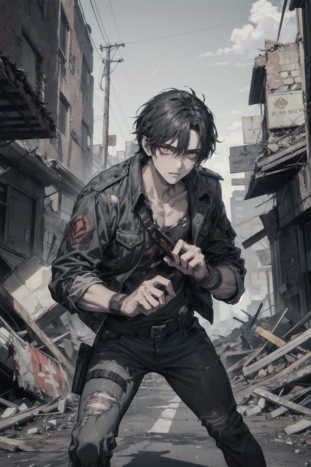 Masterpiece, beautiful, Incredibly detailed, 1guy, Detailed Eyes, anime eyes, Better Hands, perfect fingers, (On the desolate streets of a post-apocalyptic city, a handsome young man with short black hair and piercing orange eyes makes his way through the rubble. He wears torn and stained clothes, typical of survival in a world overrun by zombies. With a machete firmly held in his right hand, he moves with agility and determination, his eyes constantly scanning the horizon for threats.  Despite the chaos that surrounds him, his expression is one of unwavering resolve, ready to face the dangers that lurk in every shadow to find a safe haven or perhaps, other survivors.), science fiction, Apocalyptic scenario, Zombie Apocalypse, Highly Detailed Background, Full Hd, 4K