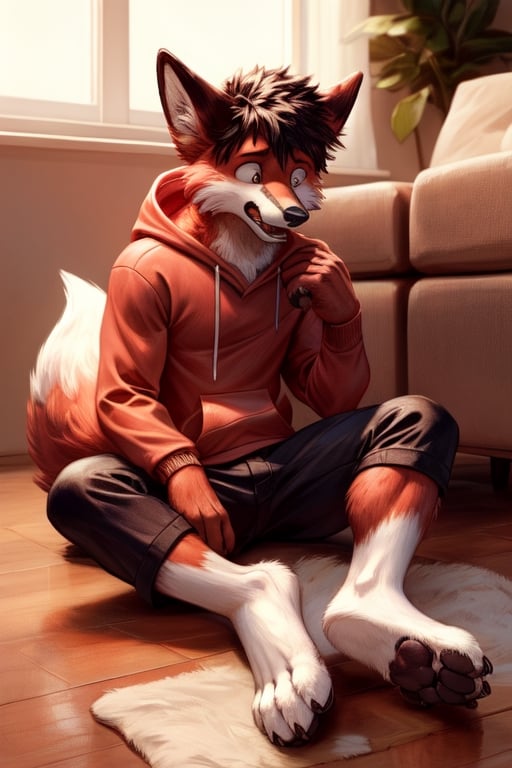 shocked, anthro, fox, transformation, showing his feet, looking at feet, wearing red hoodie, sitting on floor,hands visible, red fur, white soles, red paws, paw pads, black paw pads, animal feet, claws, Furry_feet