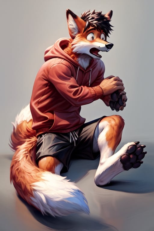 looking shocked, anthro, fox, transformation,showing his feet, wearing shorts, red hoodie,whole body covered in bright red fur, white soles, dark black paw pads, animal feet, claws, Furry_feet