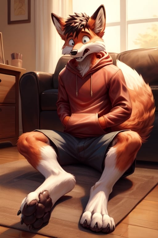 looking shocked, anthro, fox, main focus on feet, transformation, body covered in red fur, white soles, paw pads, black paw pads, animal feet, claws, Furry_feet, five toes,showing his feet, looking shocked at his paws, wearing red hoodie, sitting on floor