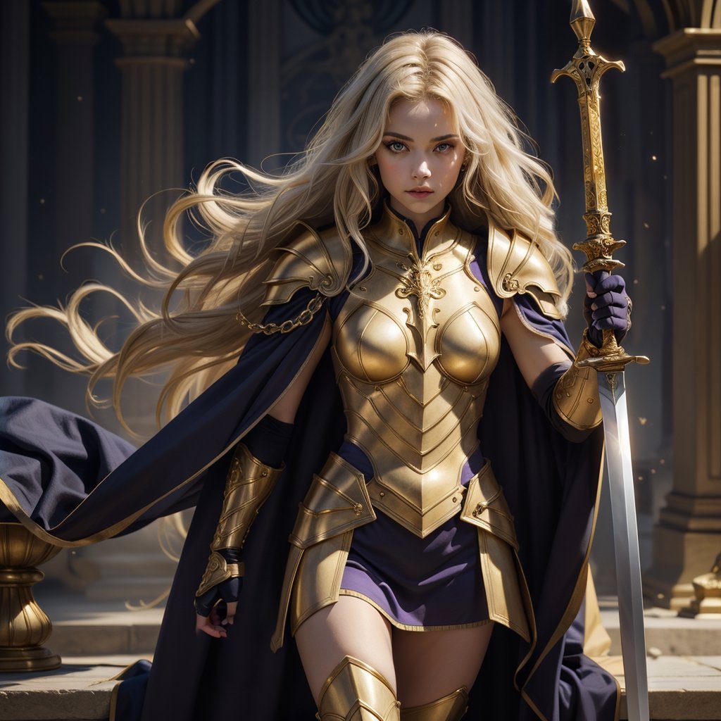 Knightly, armor, with, golden, motifs
Elegant, flowing, golden, hair
Noble, purple, eyes, radiating, wisdom
Regal, blue, cloak, draped, over, shoulders
Holding, a, sacred, sword, symbolizing, authority
Leadership, and, compassion, portrayed, in, demeanor
,female_solo,solo,1girl,Full-body,Include legs,Masterpiece