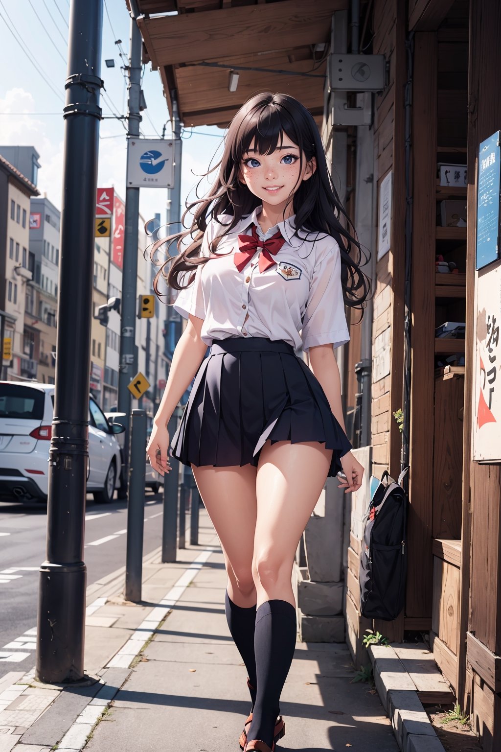 1 japanese girl, solo, student girl, school uniform, 16 years old, thighs, super cute, sexy:1.5, standing, smiling face, cute smile, soft freckles, pale skin, black wavy hair,  full-body_portrait, soft breasts, hourglass_figure, ,YAMATO