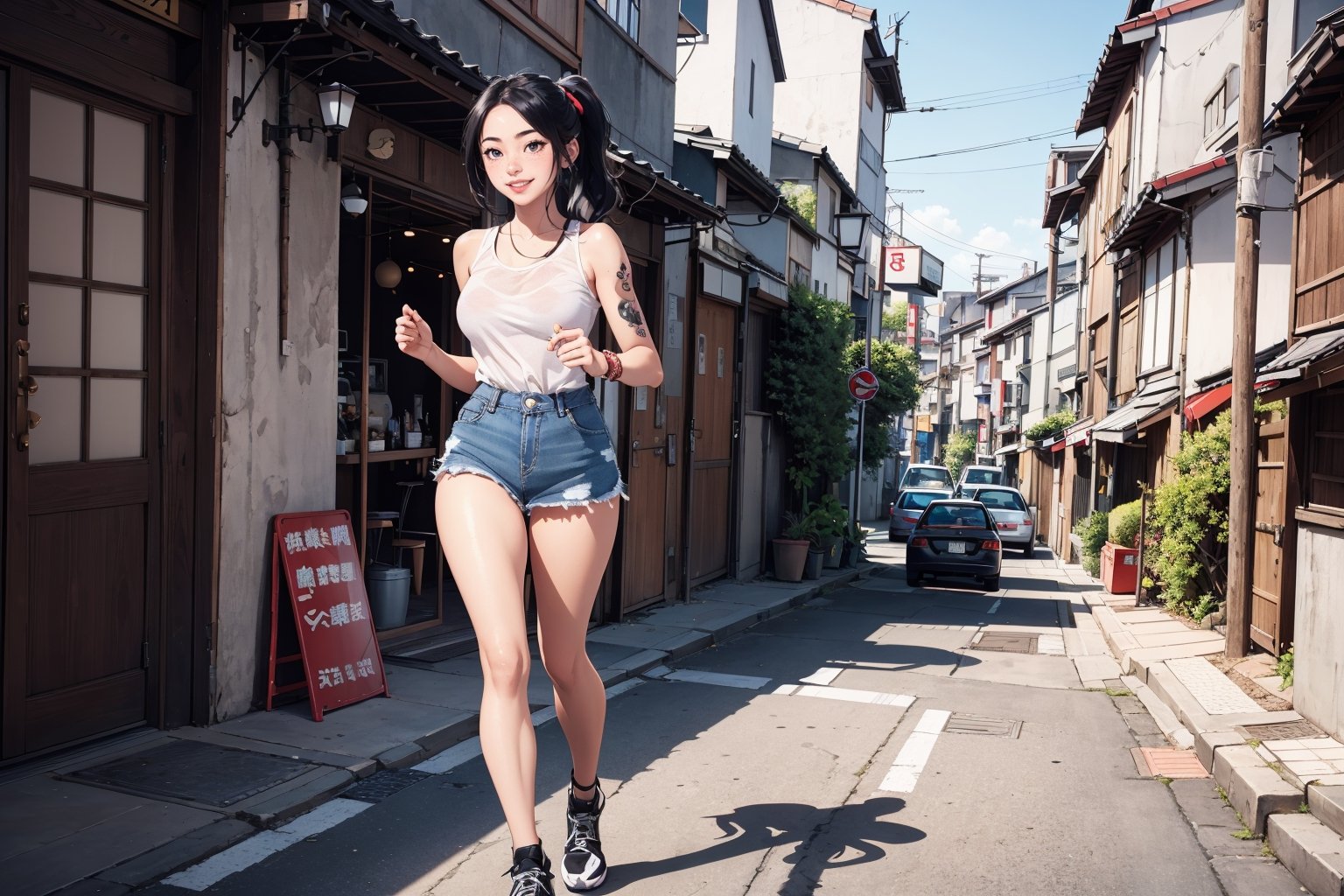 1 japanese girl, solo, sporty girl, 16 years old, thighs, super cute, sexy:1.5, smiling, smiling face, running, sexy lips, shy, blushing, soft freckles, pale skin, black wavy hair, pony tail, tattoes, full-body_portrait, soft breasts, hourglass_figure, ,YAMATO, walking on the side walk, tokio street, back turn, jeans short skirt, top tank, black purse