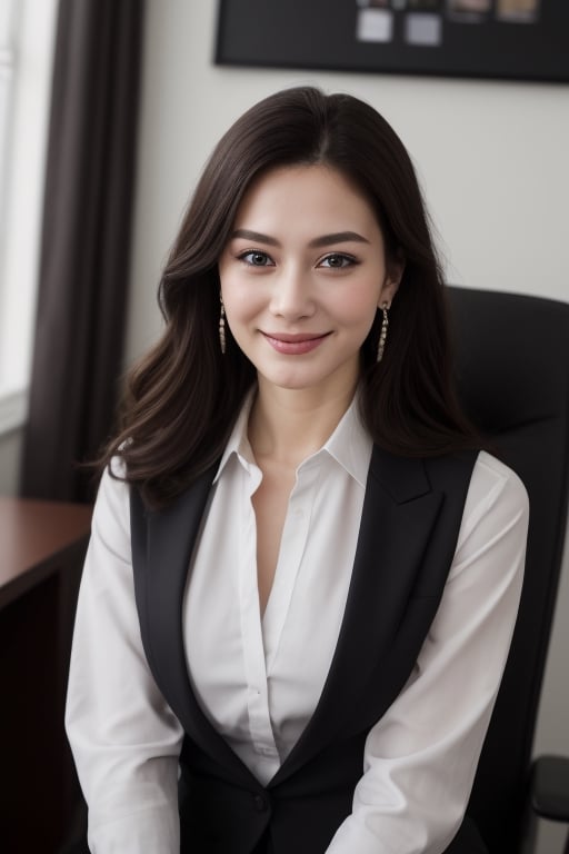 (Masterpiece), ((Best quality)), (Masterpiece,Best quality,official art,Extremely detailed CG unity 8k wallpaper), (the most noble and beautiful), (highly educated woman),beauty photo, a lady,alone,(elegant upper-class elite secretary in a business shirt),1 russian girl, beautiful face, pale sking, dark brown wavy hair, smiling, smiling face, shy, ((soft breasts)), beautiful big ass, thights, long legs, realistic, film 4K, photography, standing,(elegant upper-class elite secretary in a business shirt),Perfect appearance,Double-lidded eyes,Delicate makeup,working in an office,Wearing a strict business suit, (wearing pantyhose),Wearing heels high-end,girl in shirt, dressed in a suit, huge tit,full bodyesbian,dressed in a suit, dressed in a suit, Merchant, business clothes, wearing black suits, Wearing shirt and skirt, black jacket, woman in suit, suit business,Computer chair,sitting,erlang legs,high heels,see the viewer,brightly,Complicated details,foot focus,from below,Cool beauty,(tall girl),dark brown hair,small piercings,Accurately express details such as the texture of the face and skin.,(the most beautiful face and eyes), Double eyelid, Delicate skin, slender body shape, alone, big breasts, (Wearing the most beautiful and noble earrings.), sexy:1.5