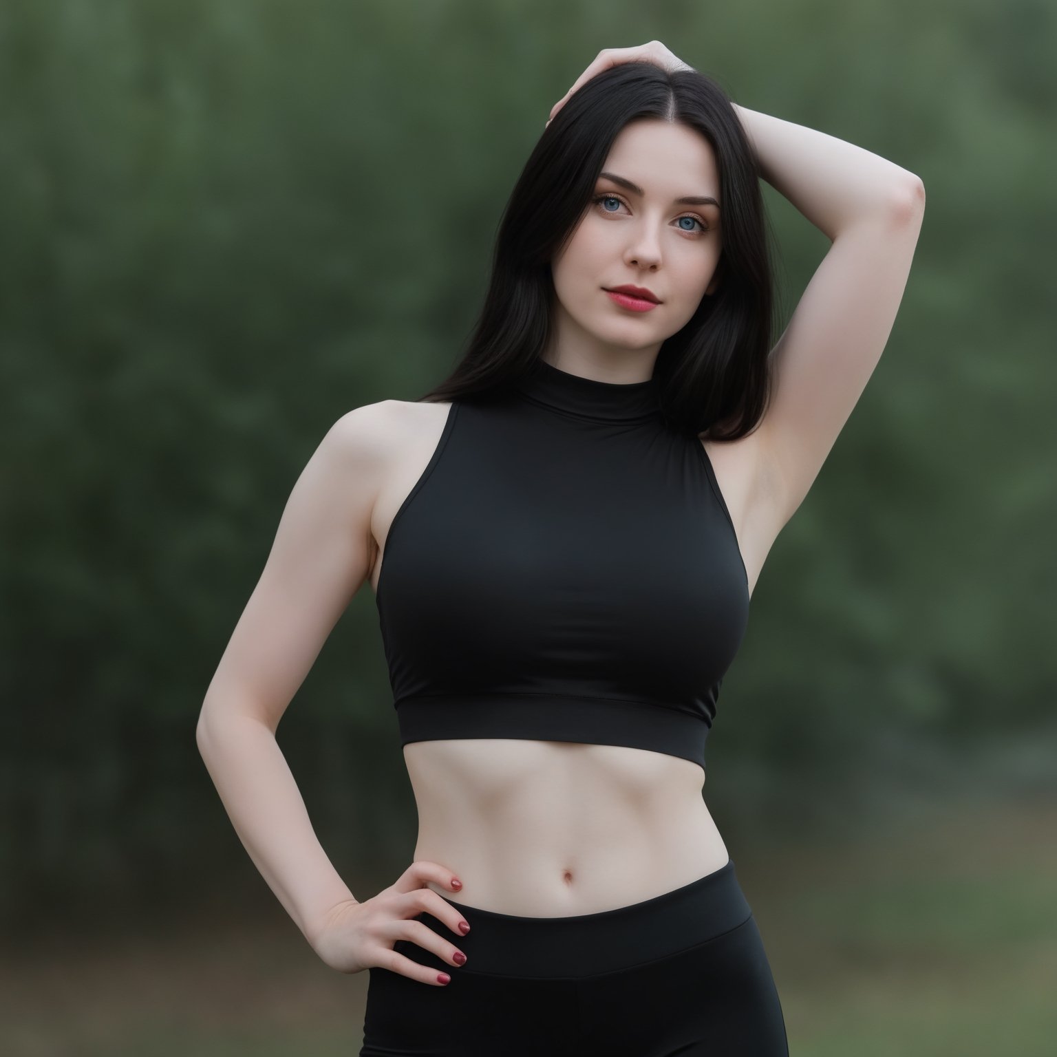 1 russian girl, 23 years old, beautiful face, pale sking,  Blue eyes, (((dark black hair))), straight hair, smirk, hourglass bodyshape, ((huge breasts)),  seducing, adorable face, long hair, beautiful big ass, abs,  thights, long legs, master piece, realistic, film 4K, photography, standing,cleavage, black yoga pants, choker or collar, (((red wine crop top))), looking at the camera,Detailedface, sexy:1.5,Sexy Pose, public park, background, white skin (((pale skin))),yoga pants (((black pants))), (((side view))),shirt_lift,breasts,small gab between legs, 