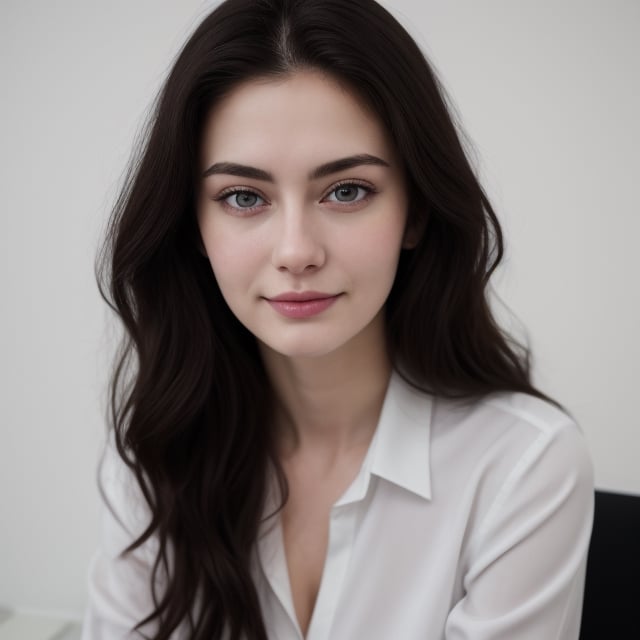 1 russian girl, beautiful face, pale sking, dark brown wavy hair, smirk, big breasts, beautiful big ass, thights, long legs, master piece, realistic, film 4K, photography, standing, wearing office suit,cleavage, black  mini skirt , white long sleeve shirt, office background,looking at the camera,Detailedface, sexy:1.5