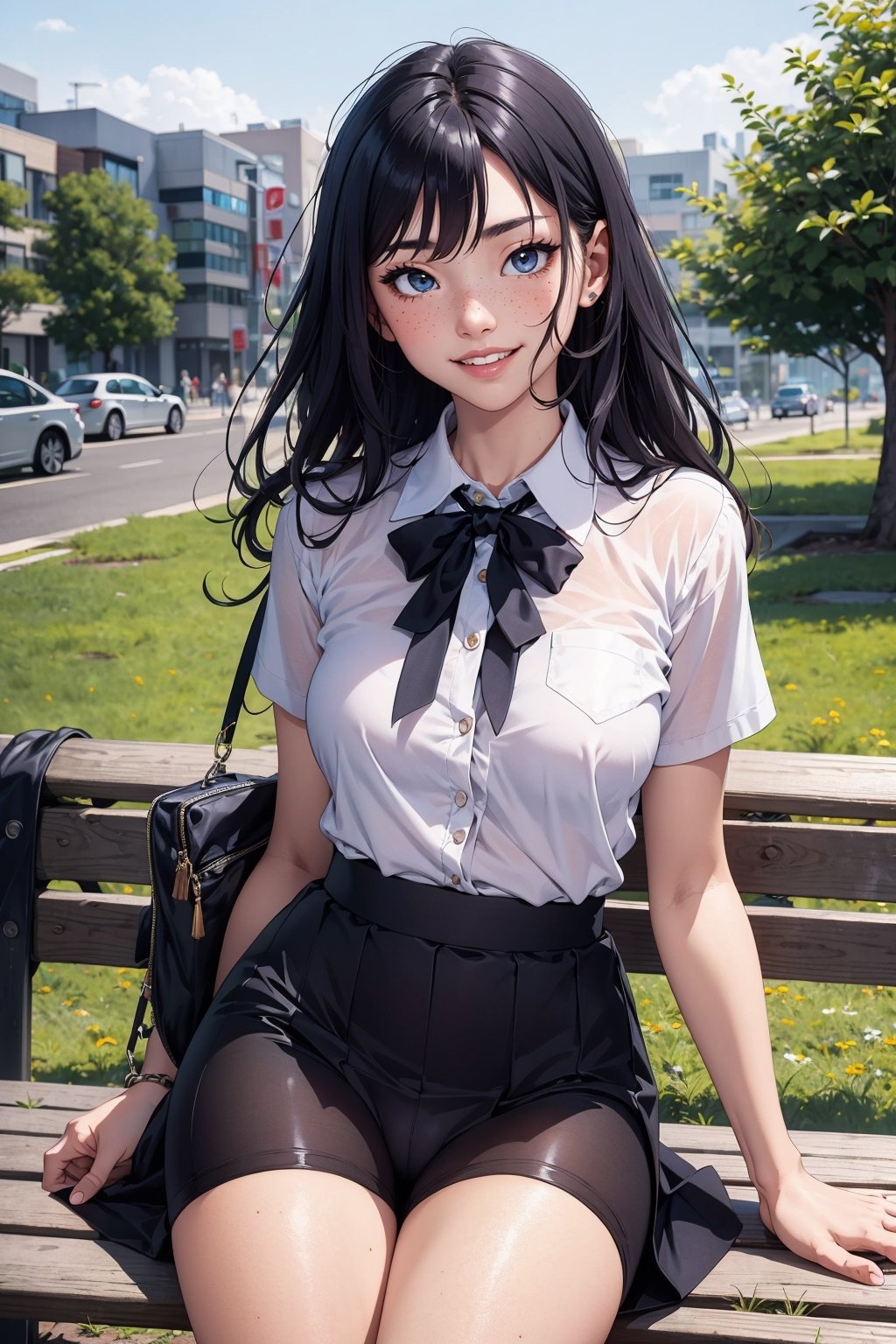 1 japanese girl, solo, student girl, school uniform, 16 years old, thighs, super cute, sexy:1.5, smiling, smiling face, sitting in a bench, public park, sexy lips, shy, blushing, soft freckles, pale skin, black wavy hair,  full-body_portrait, soft breasts, hourglass_figure, ,YAMATO, crotch