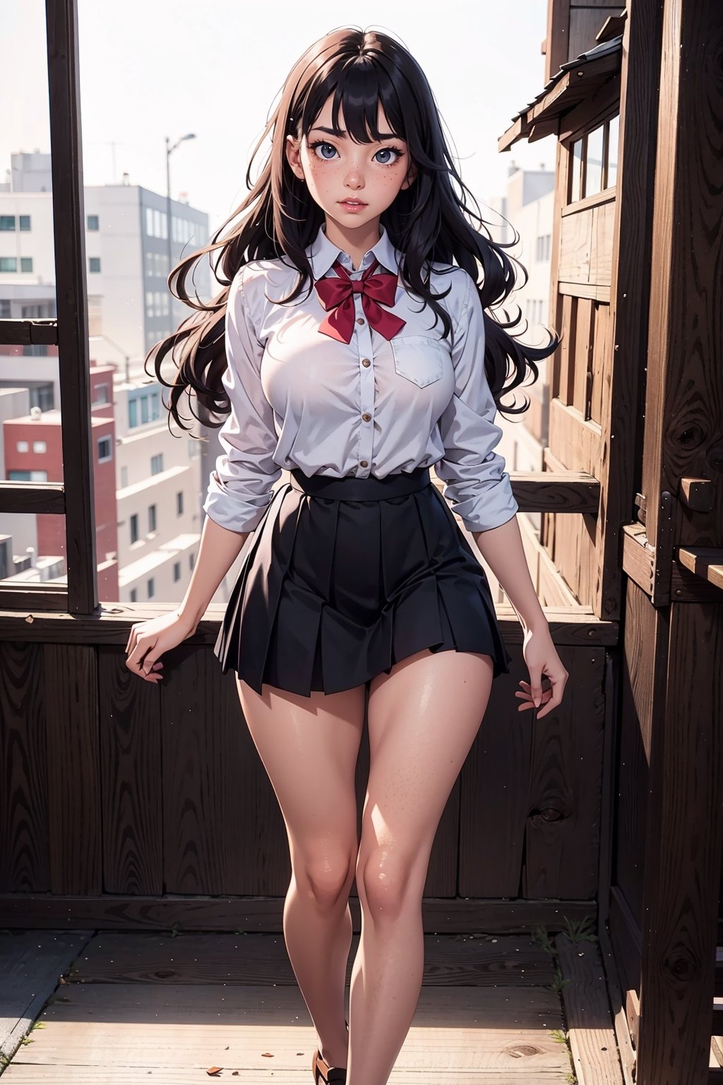 1 japanese girl, solo, student girl, school uniform, 16 years old, thighs, super cute, sexy:1.5, standing, sexy lips, shy, blushing, soft freckles, pale skin, black wavy hair,  full-body_portrait, soft breasts, hourglass_figure, ,YAMATO