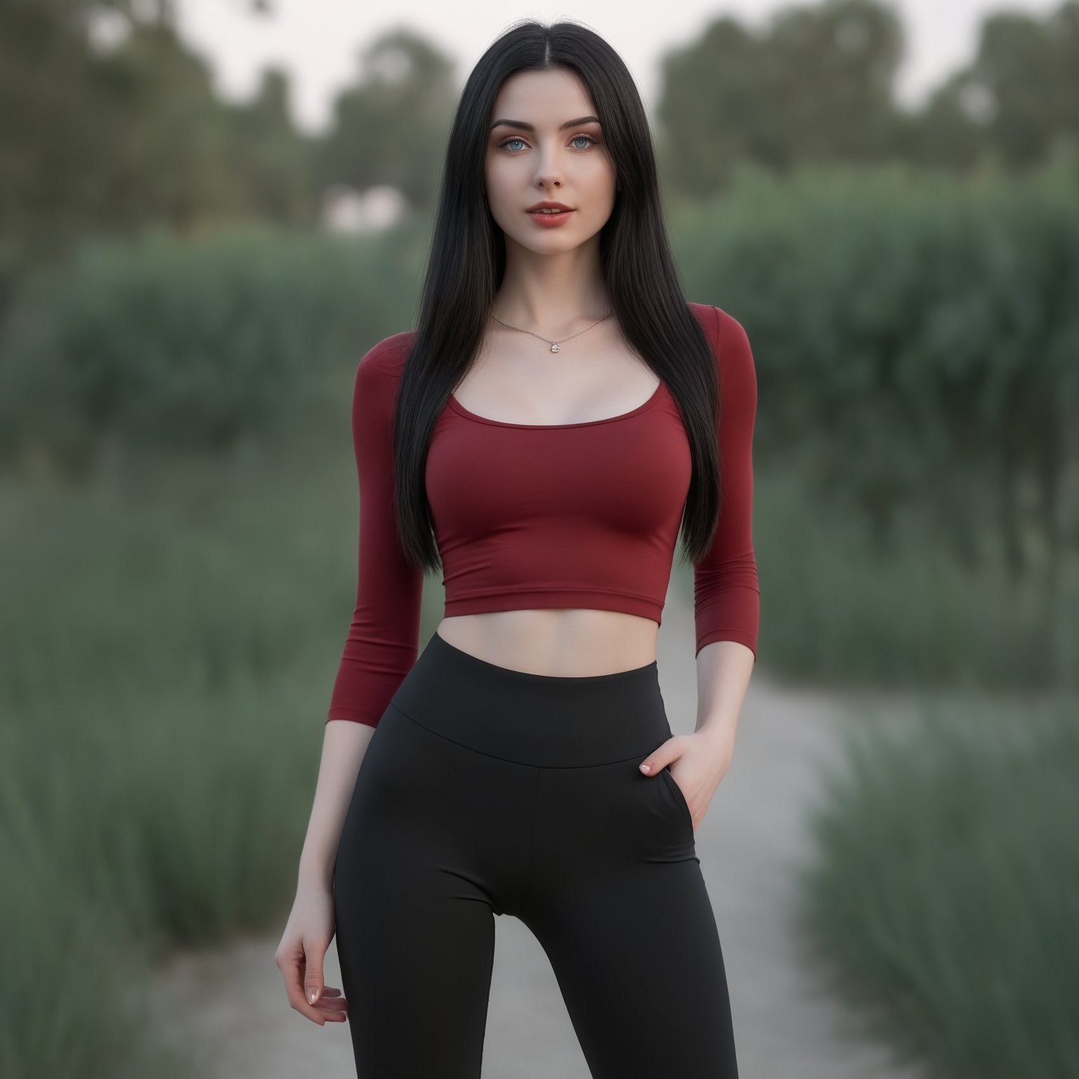 1 russian girl, 23 years old, beautiful face, pale sking,  Blue eyes, (((dark black hair))), straight hair, smirk, hourglass bodyshape, big breasts,  seducing, adorable face, long hair, beautiful big ass, abs,  thights, long legs, master piece, realistic, film 4K, photography, standing,cleavage, black yoga pants, choker or collar, (((red wine crop top))), looking at the camera,Detailedface, sexy:1.5,Sexy Pose, public park, background, view,white skin (((pale skin))),yoga pants (((black pants))),, (((front view))),shirt_lift,breasts,small gab between legs, 