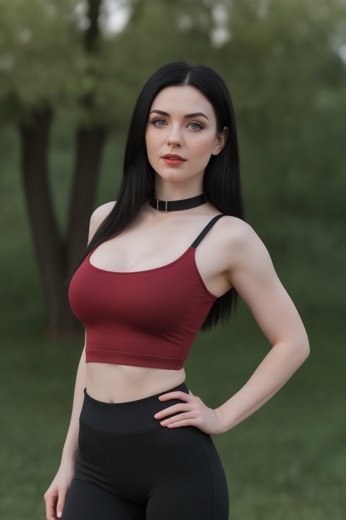 1 russian girl, 23 years old, solo, beautiful face, pale sking,  Blue eyes, (((dark black hair))), straight hair, smirk, hourglass bodyshape, big breasts,  seducing, adorable face, long hair, ((beautiful big ass)), abs,  ((thights)), long legs, master piece, realistic, film 4K, photography, standing,cleavage, black yoga pants, choker or collar, (((red wine crop top))), looking at the camera,Detailedface, sexy:1.5,Sexy Pose, public park, background, view,white skin (((pale skin))),yoga pants (((black pants))),, (((front view))),shirt_lift,breasts,small gab between legs, 