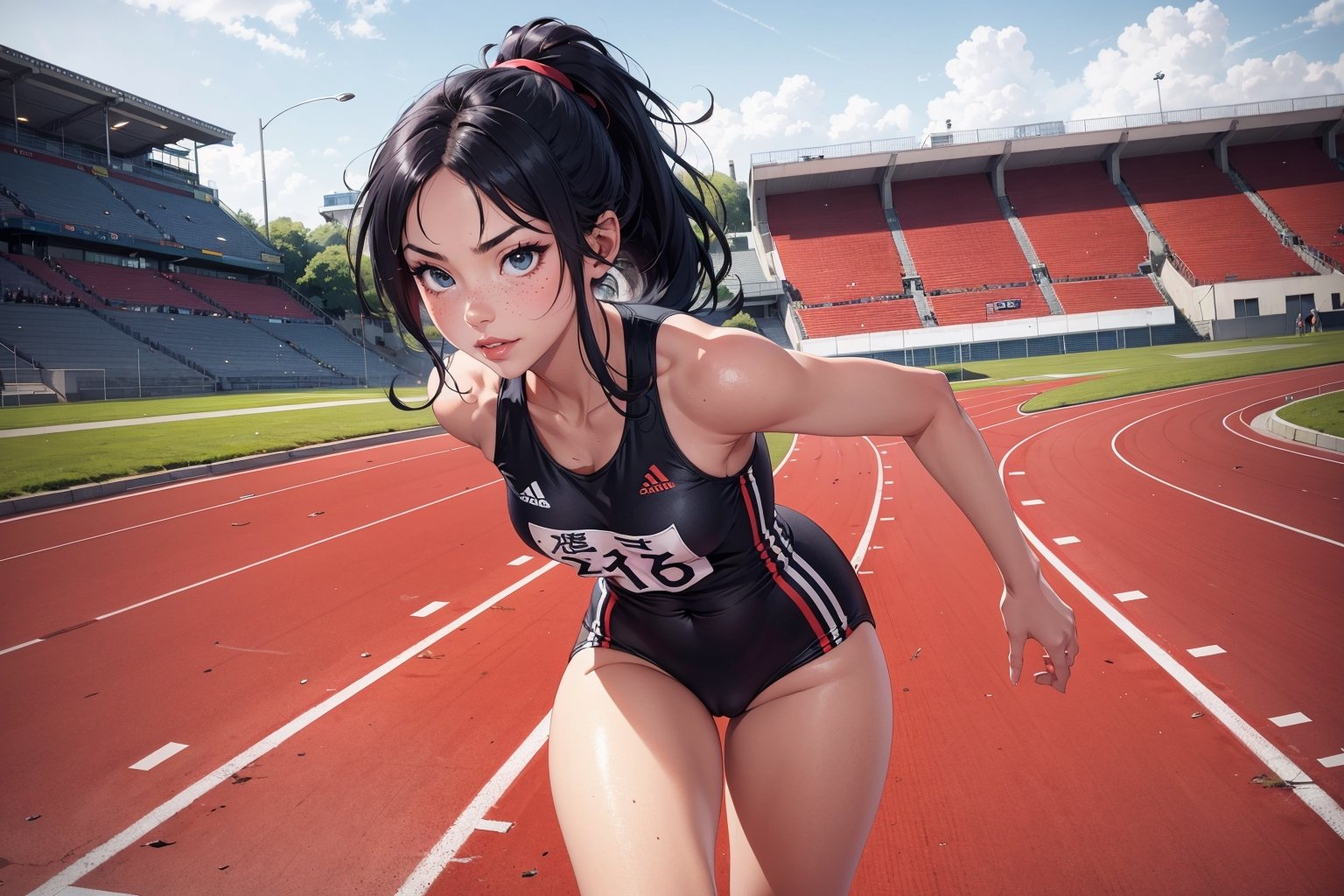 1 japanese girl, solo, sporty girl, running clothes, 16 years old, thighs, super cute, sexy:1.5, seductive smirk, jumping jacks, warming up, running track, sexy lips, shy, blushing, soft freckles, pale skin, black wavy hair, ponytail hair,   full-body_portrait, soft breasts, hourglass_figure, ,YAMATO, crotch