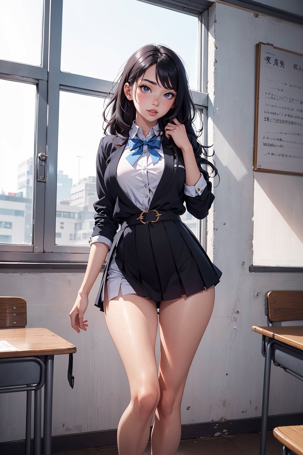 1 japanese girl, solo, student girl, school uniform, 16 years old, thighs, super cute, sexy:1.5, standing, sexy lips, shy, blushing, soft freckles, pale skin, black wavy hair,  full-body_portrait, soft breasts, hourglass_figure, ,YAMATO,fellajob in school 