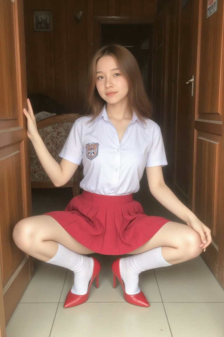 The image shows a teen girl with long hair. She is squatting with legs spread revealing her white cute panties with little...